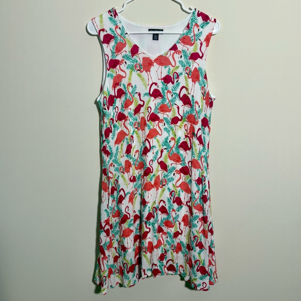 Nina Leonard Sleeveless Flamingo Print Dress, Size Large - Picture 1 of 4